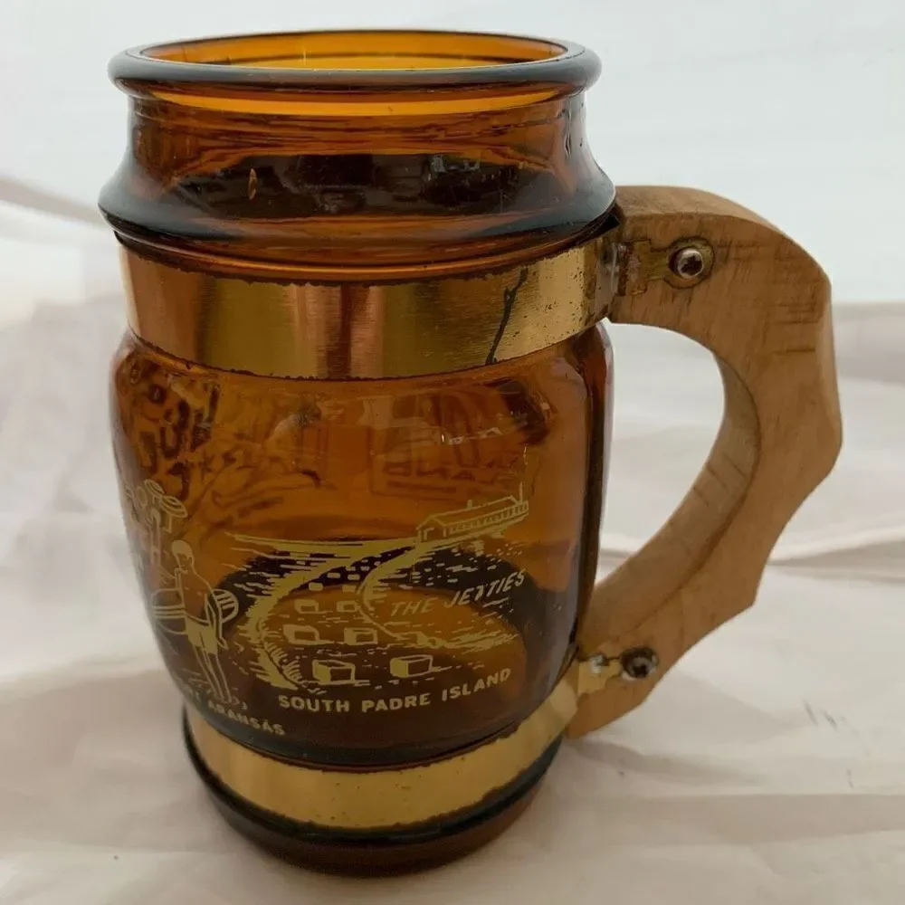 Vintage Texas Gulf Coast Souvenir Brown Glass Mug Wood Handle